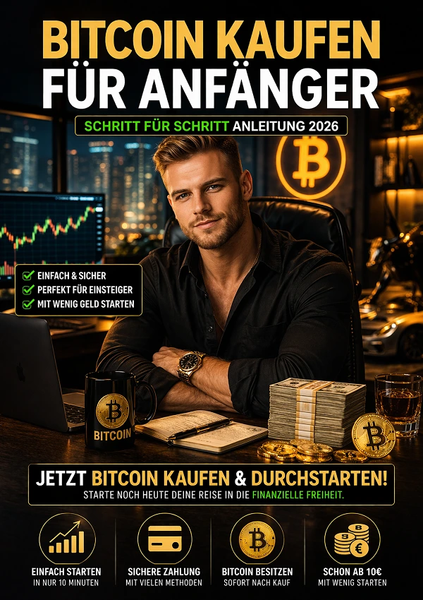 Selbstbewusster Mann im Büro analysiert Bitcoin Charts – Anleitung für Anfänger zum sicheren Kauf von Bitcoin 2026