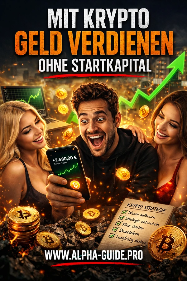 Mann freut sich über Krypto Gewinne auf dem Smartphone mit steigendem Bitcoin Chart und Frauen im Hintergrund – Geld verdienen mit Kryptowährungen ohne Startkapital