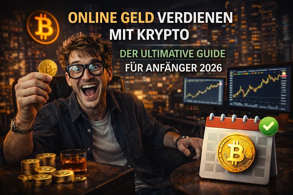 Nerd mit großer Brille freut sich über steigende Krypto Gewinne am Laptop – Online Geld verdienen mit Kryptowährungen für Anfänger 2026